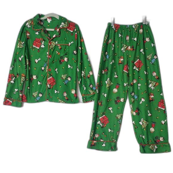 Peanuts Other - PEANUTS Snoopy Christmas Green Flannel Pajamas PJs  Childrens Size 10